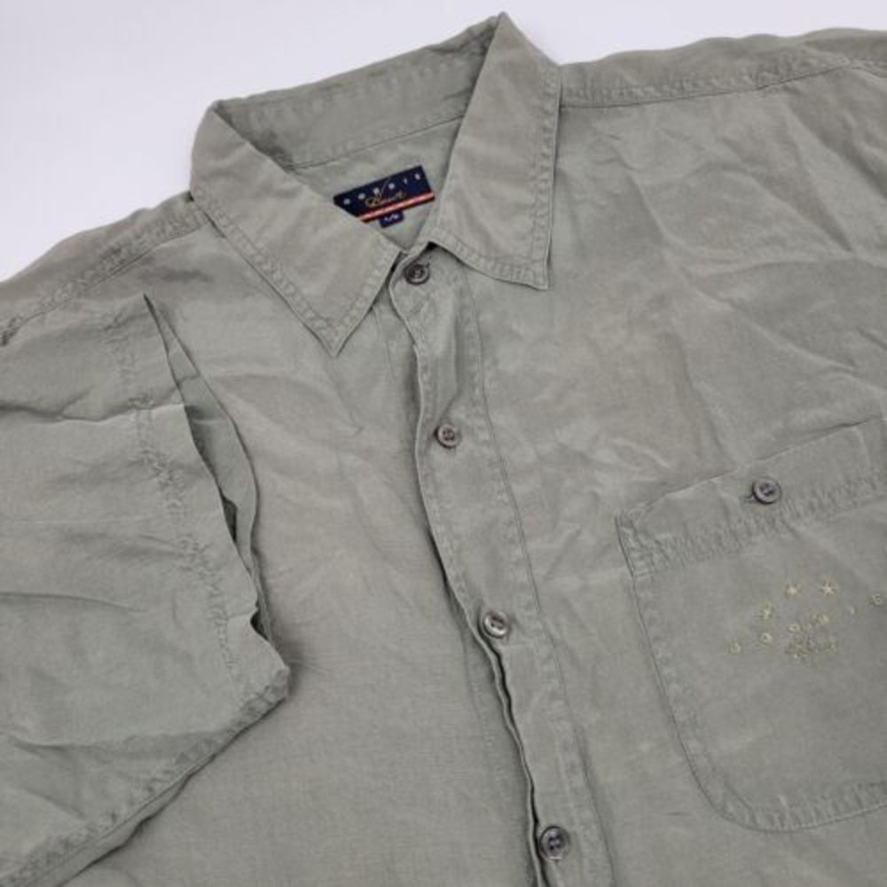 Gordie Howe Brand Men's‎ L Large Olive Drab Short Sleeve Button Front Silk Shirt